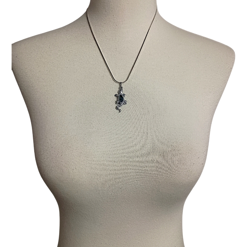 Vintage Lizard Gecko‎ Pendant Necklace Silver Tone Shell Glass Abalone Inlay - Picture 8 of 16